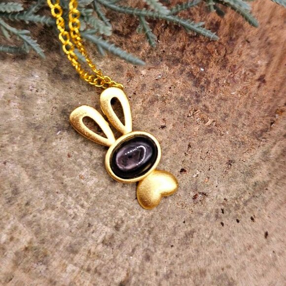 Silver Obsidian Flashy Stone Gold Matte Cute Bunny Pendant Necklace - Picture 2 of 10